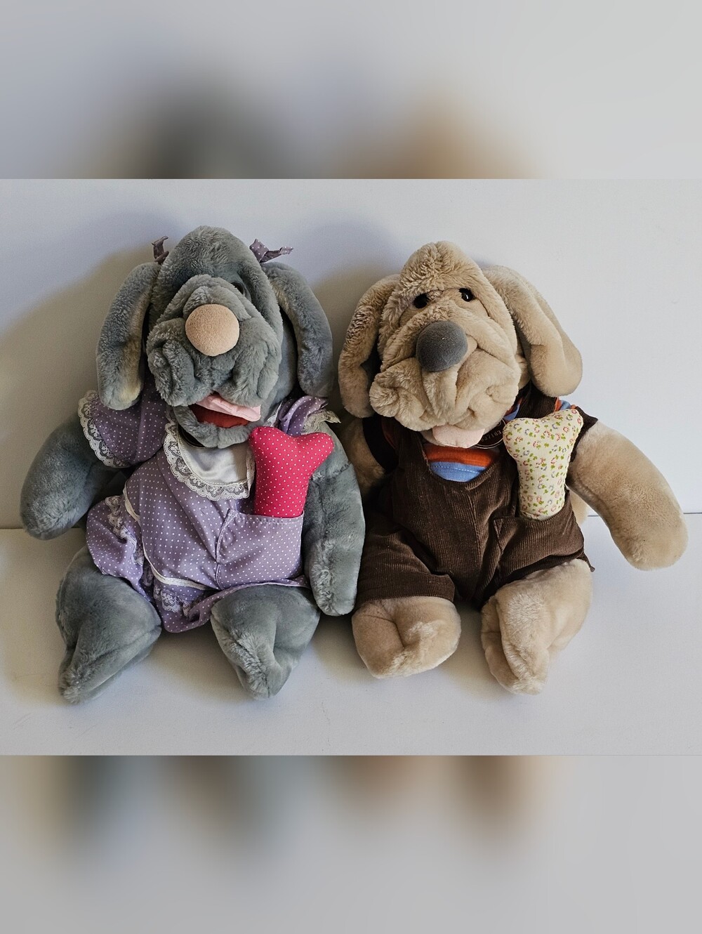 Vintage Wrinkles Dog Plush Hand Puppet Set of 2 Purple Dress & Overalls W/ Bones